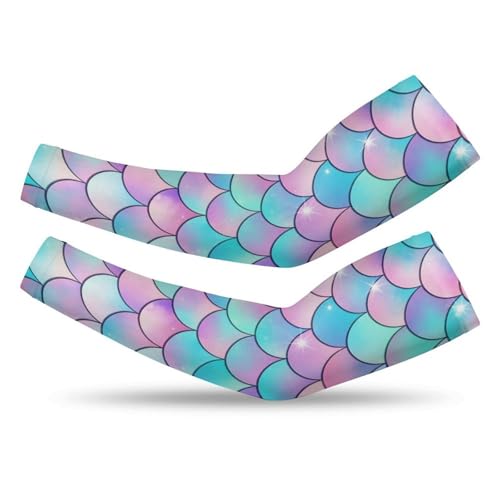 FOSKERV Arm Sleeves for Women, Mermaid Scales With Galaxy, All Season Elastic Sun Protection Sleeve Covers, Reusable Compression Sleeves for Shopping, Running, Driving, (L)