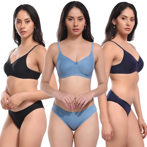 Image of REALSIDE Women Cotton Bra Panty Set for Lingerie Set|Bra Panty Set | Panty Bra Set for Women Women Lingerie Set A Beautiful Combo Pack of 3-Black,Green,Pink