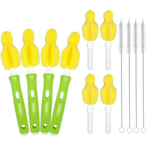 Image of INVODA 12PCS Sponge Nipple Bottle Brushes, Baby Bottle & Nipple Cleaner with 4 Replacement Heads & 4 Straw Brushes (Yellow)