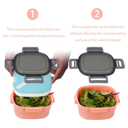 Image of Freshmage Salad Container for Lunch with Ice Pack, Leakproof BPA-Free 52-oz Lunch Container with 4 Compartments, Salad for Men, Women (Pink+Ice Pack)