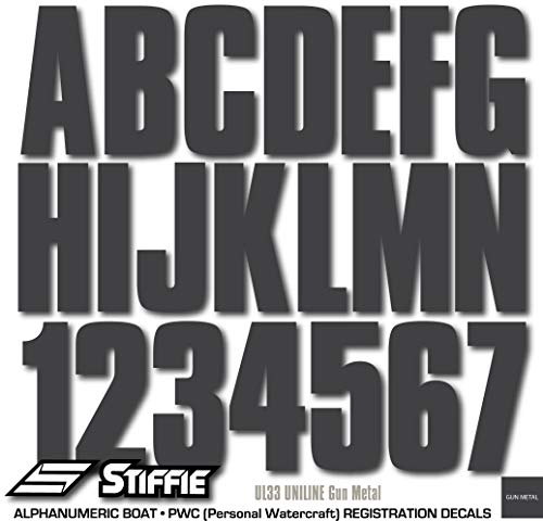 Image of Stiffie UNILINE 3 inch Alpha-Numeric Registration Identification Numbers Stickers Decals for Boats & Personal Watercraft (Gunmetal)