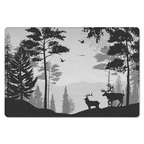 Foggy Forest Elk Kitchen Bath Door Mat Cushioned Runner Rug,Washable Welcome Floor Sink Antifatigue Mat,Waterproof & Non-Slip Comfort Standing Doormat,Retro Grey Black Moose Silhouette 18