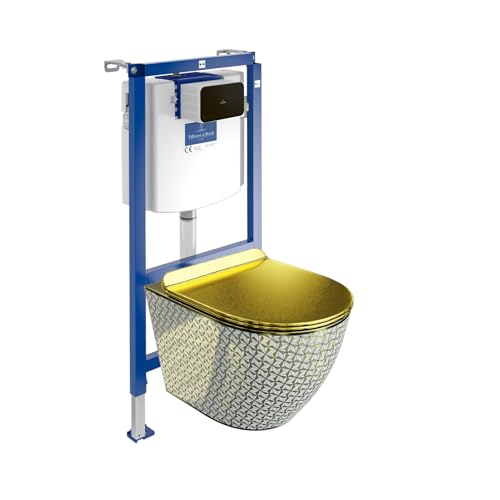 Lavita ViConnect H112 Vorwandelement Unterputz WC mit Bedienplatte + Wand Hänge Tiefspül WC Sofi Slim Golden Never Die Spülrandlos + WC Sitz Komplettset Unterputz Spülkasten Toilette Komplett Sett WC