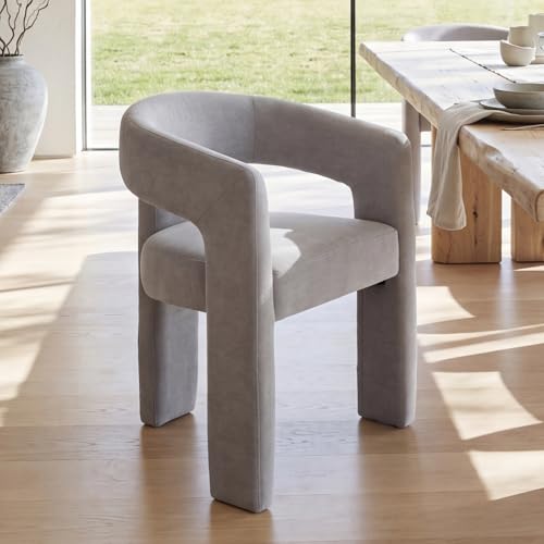 Modern Barrel Dining Chair, Upholstered Accent Kitchen Chair with Arms Comfy Chenille Side Chair for Living Room/Home Office/Reception, Grey Chenille