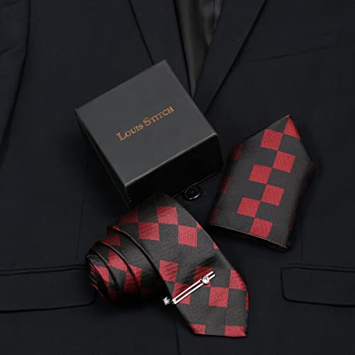 Image of LOUIS STITCH Mens Black Italian Silk Necktie Set Incl Pocket Square Chrome Tiepin American Style Formal Tie Gift Set for Men (TECPBL-#)