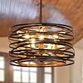 Wansi Farmhouse Chandelier for Dining Room: 15.7" Cage Metal Hanging Pendant Light Fixture for Kitchen- Rustic Drum Chandeliers for Living Room Bedroom - Black with Retro Wood Texture Interior