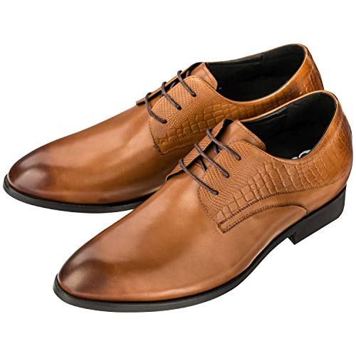 CALTO Height Increasing Elevator Shoes 3 Inches Taller - Light Tan Leather Dress Shoes - Men Invisible Elevated High Heels Oxfords A329013 - Size 9 D(M) US4