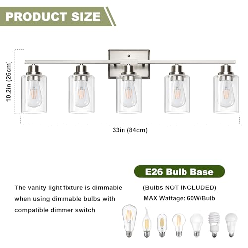 Image of Unicozin Modern Bathroom Light Fixtures, 5 Light Vanity Lights Over Mirror, Brushed Nickel Wall Lamp with Clear Glass for Living Room Cabinet Bedroom Porch