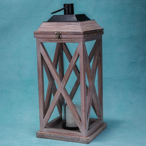 Image of Selena Decorative Wooden Lantern with Glass Panels & Candle | White Wash Acacia Wood Candle Holder | Farmhouse Lantern for Living Room, Patio, Balcony, Wedding & Festive Decor | 24 Inche