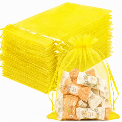 Image of FUNFERY 100PCS Lemon Yellow Organza Gift Bags 5x7in,Drawstring Pouch