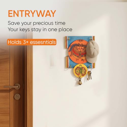 Image of AAKRITI ART CREATIONS Key Holder, Handcrafted Madhubani Key Hanger | Rustic Wood Wall Organizer with 4 Hooks | New Home Gifts | Multifunctional Entryway Decor Item