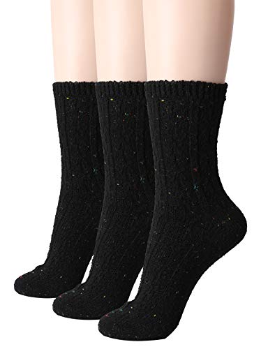 OSABASA 3 Pairs Womens Wool Socks Thick Knit Vintage Winter Warm Cozy Crew Socks BLACK M (KWMS097)