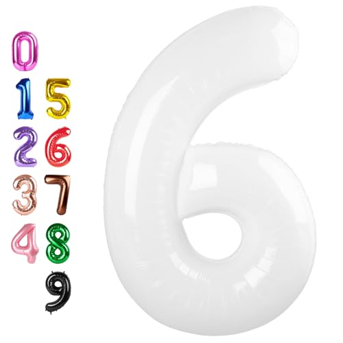 Image of Number Balloons 6 Balloon 40 inch White for 6th Birthday Party Decoration | Saturated Color, Large 40 inch, With Inflation Straw & Hanging Hole, Great for Bridal Party, Wedding, Thanksgiving, Christmas