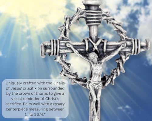 Pack of 5 - Large Jesus Crown of Thorns and Nails Crucifix Rosary Part - 2 1/4" Italian Silver Oxidized Finish Cross for Rosary Making or Large Crucifix Necklace Pendant for Catholic Men, Military,4