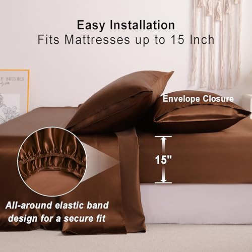 NTBAY Twin XL Satin Sheet Set, 3 Piece, Brown - image 5