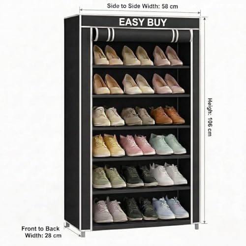 Image of EASY BUY 6 Layer Black Shoe Rack with Cover, Plastic Rack 6 Shelves with Zip Door Cover & Side Pocket | Dustproof Storage Organizer for Footwear, Clothes, Toy, Shoe Rack Plastic, Slipper Stand