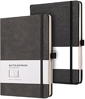 RETTACY A5 Dotted Notebook - Bullet Dot Grid Journal Couple Bundle 2 Pack Hardcover with Journal 2 Free Stencils, Pen Holder, 320 Pages, 120gsm Thick Paper, Faux Leather, Inner Pocket,14.5 x 21cm