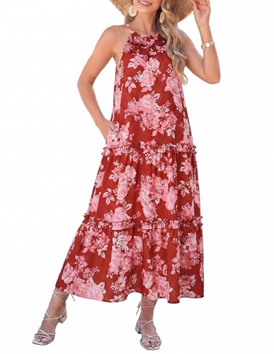 Image of GRACE KARIN 2026 Women's Floral Halter Maxi Dress Boho Summer Beach Sundress with Tiered Ruffle Skirt
