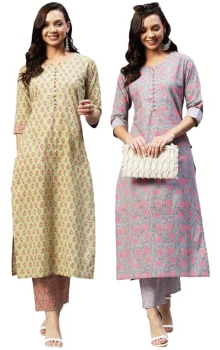 Image of ANNI DESIGNER Women Cotton Blend Kurta With Pant Pack Of 2