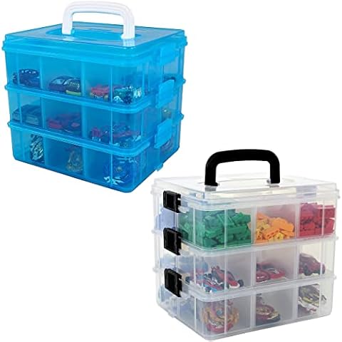 Bins & Things Stackable Toys Organizer Storage Case Compatible with BeyBlade, Hot Wheels, Lego Dimentions, LOL OMG or Mini Toy Action Figures - Portable Adjustable Box w/Carrying Handle Cover