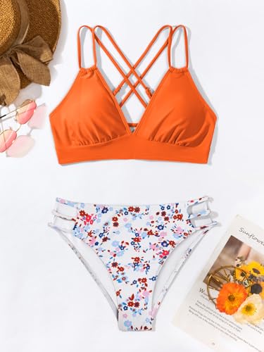 Image of Fanuerg Women's Sexy V Neck Bikini Sets Hollow Out Two Piece Swimsuits Cutout Mid Waist Bathing Suit