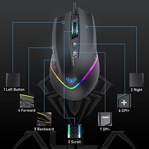 Image of AULA F805 Wired Gaming Mouse, Rainbow Backlight, DPI Range 800-1600-2400-3200-4800-6400, Polling Rate 125Hz, Compatible with WinXP /2000 /7 /8 /10 /Mac | Black