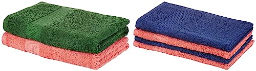 Image of Amazon Brand - Solimo Cotton 2 Piece Bath Towel Set, 380 GSM (Coral Pink, Mint Green) Cotton 4 Piece Hand Towel Set, 380 GSM (Twilight Blue, Coral Pink)