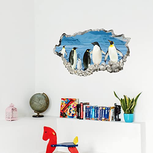 3D Wall Hole View Penguins Wall Decal Peel And Stick Animal Penguins Wall Mural Sticker For Kids Room Bedroom Playroom Wall Decor #TOP3