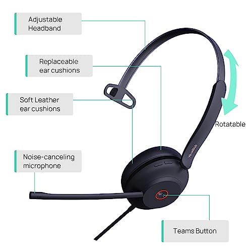 Image of Yealink UH37 Professional Wired USB-A Headset with Noise Cancelling Microphone for Computer PC, Mono Headphones with Mute Control, Compatible with Teams, Zoom, and Other Online Conference