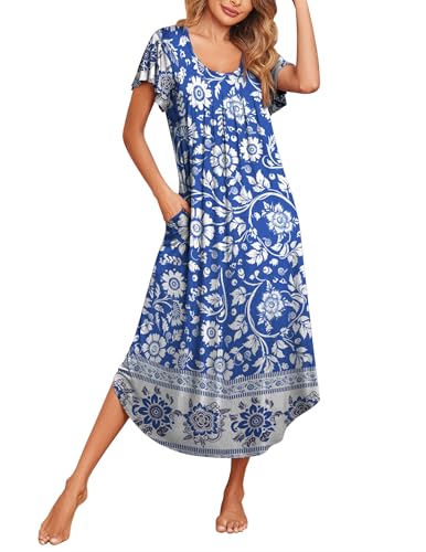 Ekouaer Long Nightgowns for Women with Pockets Short Sleeves Moo Moos for Women Casual House Dresses Bohemian Blue L