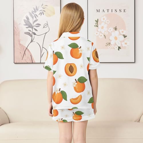 Satin Pajama Sets Short Sleeve Apricot Pattern with Flowers Button Down Silky Nightwear 2 Piece PJS 5-14Y4