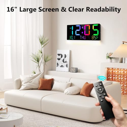 16" Large Digital Wall Clock: 11 RGB Color LED Display with Remote Control - Image 2