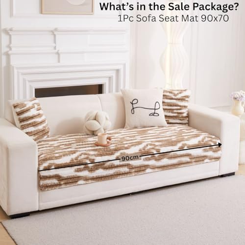 Image of HOMETHREADS 600GSM Thick & Soft Rabbit Fur Plush Sofa Cover-Luxurious Cozy Slipcover, Washable & Pet-Friendly, Anti-Scratch Protector for Sofas (Faux Linning White Brown, 1 Seater Large| 90x70cm)