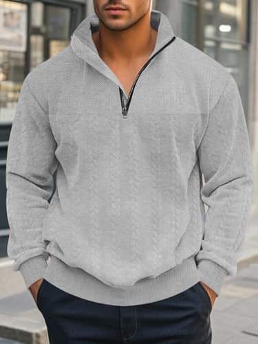 Mens Quarter Zip Pullover Quilted Sweatshirt Knit Long Sleeve Mock Neck Sweater Polo Shirt2
