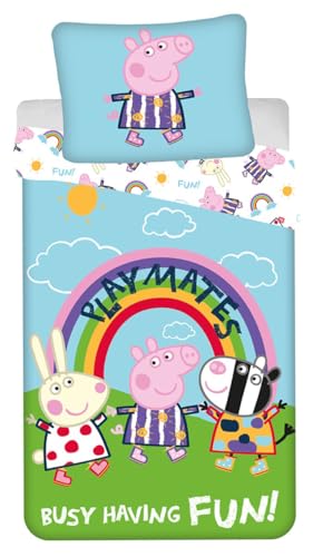 Parure de Lit Peppa Pig Playmates - 100% Coton - Housse de Couette 140x200 cm + Taie 70x90 cm - Effet Phosphorescent Glow in The Dark (Brille dans Le Noir)