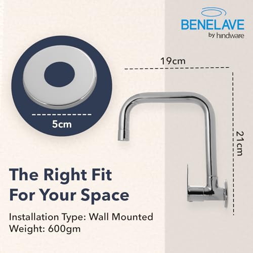Image of Benelave by Hindware Sink Tap with Raised J-Spout for Kitchen | Made of Brass | Mirror-Like Chrome Polish Finish | Better Reach | Wall Mount Installation | Volga Range | 7-Year Manufacturer Warranty