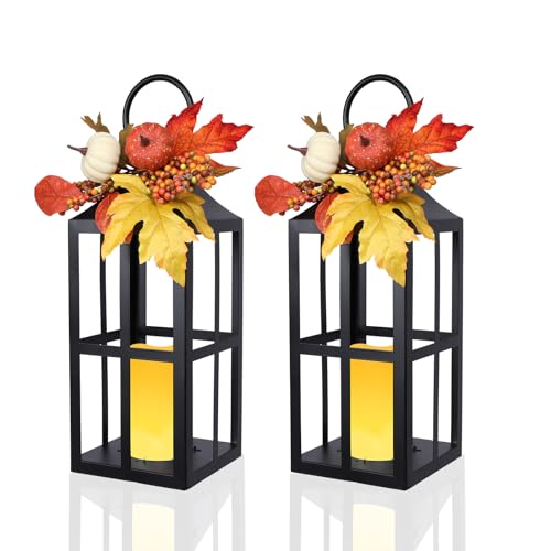 Fall LED Lanterns 2-Pack, 17.7 Inch Pumpkin & Maple Leaf