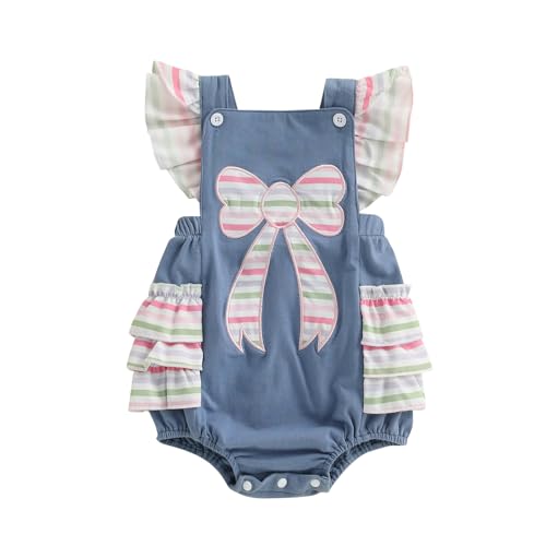 Image of Baby Girl Summer Clothes Newborn Fly Sleeve Bubble Romper Infant Ruffle Bow Bodysuit Overalls Cute One Piece Outfit (Bow Blue, 3-6 Months)