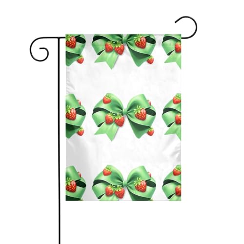 WHJSHOP Banderas de jardín con imagen de fresa con lazo verde de 12 x 18 pulgadas para decoración de patio con 3 cm de ancho de posición de poste (solo bandera, no incluye mástil)