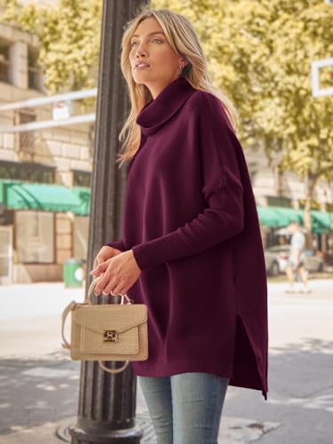 Image of LILLUSORY Women's Turtleneck Oversized Sweaters Long Batwing Sleeve Spilt Hem Tunic Pullover Knit Tops
