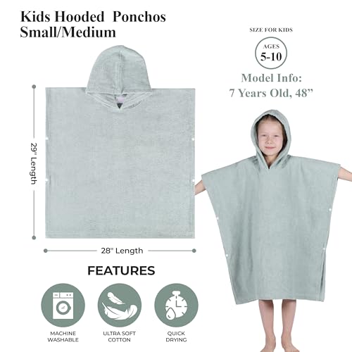 Image of Superior Kids Cotton Terry Poncho, Soft, Absorbent Bath Towel with Hood, Bathroom Accessories, Long, Plush Bathrobes for Bath, Shower, Spa, Resort, Beach, Pool, Boy, Girl, Small /Medium Size, Sage