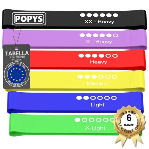POPYS Set Elastici Fitness con Livelli di Resistenza + Custodia e Guida agli Esercizi | Elastico Fitness realizzato in materiale TPE (6 ELASTICI MULTICOLORE)