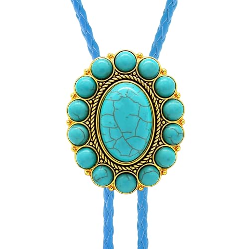 Image of GelConnie Bolo Tie for Men Women Western Cowboy Turquoise Leather Necktie | Natural Stone Bolo Tie Necklace for Women Rodeo Cowboy Leather Necktie Native American Western Cowgirl Ties Adjustable Cord