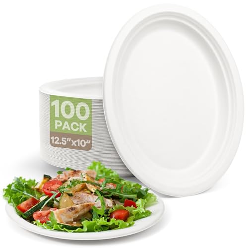 FEHHTO Disposable Oval Paper Plates, 100Pack 12.5inch Biodegradable Large, Compostable Heavy Duty Bagasse Platters Eco-Friendly Sugarcane Plates for BBQ, Party, Picnic - White FEHHTO Disposable Oval Paper Plates, 100Pack 12.5inch Biodegradable Large, Compostable Heavy Duty Bagasse Platters Eco-Friendly Sugarcane Plates for BBQ, Party, Picnic - White