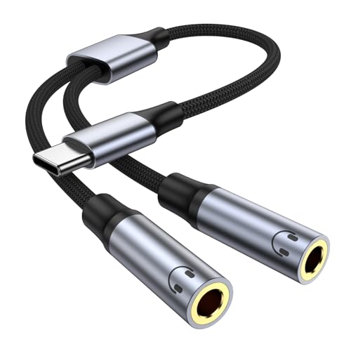 USB C to Dual 3.5mm Female Headphone Splitter Type C to Dual 3.5mm Female Aux Y Jack Splitter Headphone Microphone Adapter for iPhone 17 16 15 Pro Max Samsung Galaxy S25 S24 Pixel Note iPad Pro