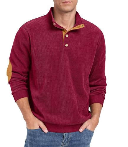 Hisir Sweatshirt Herren Cord Poloshirt Stehkragen Langarm V-Ausschnitt Funktionsshirt Sweatshirt ohne Kapuze mit Druckknöpfe Winterpullover Streetwear Herbst Winter (Weinrot,M)
