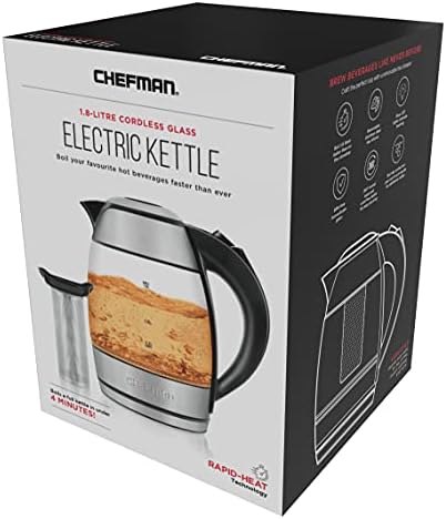 Chefman Electric Glass Kettle, Fast-boiling Water Heater w/ Auto Shut-off & Boil-dry Protection, Lifts from Base for Cordless Pouring, BPA-Free, Removable Tea Infuser Included, 1.8 Litres