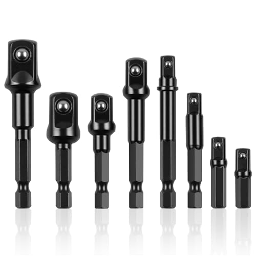 Rindion Drill Socket Adapter 8 Piece Black Impact Sockets Adapter Set Fit for 1/4 3/8 1/2 Hex Shank 5 Different Lengths Socket Drill Adapter Universal 1/4 Socket Adapter