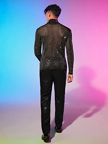 WDIRARA Men's Glitter Mesh Sheer Turtle Neck Long Sleeve See Throught Tee Tops Partywear2