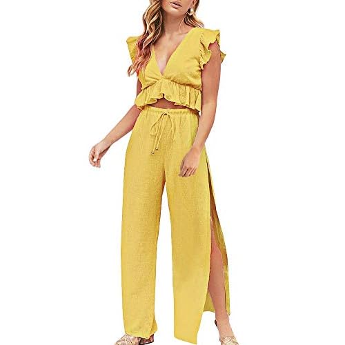 FANCYINN Womens 2 Pieces Outfits Deep V Neck Crop Top Side Slit Drawstring Wide Leg Pants Set Jumpsuits Turmeric Large